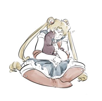 1girl bishoujo_senshi_sailor_moon blue_sailor_collar blue_skirt boots circlet closed_eyes double_bun hair_bun highres hug luna_(sailor_moon) mercuri0ff parted_bangs red_boots sailor_collar simple_background skirt smile tsukino_usagi twintails white_background