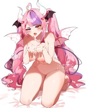 1girl ahoge artist_name asymmetrical_sidelocks bed_sheet blush breasts collarbone commentary completely_nude cum cum_in_mouth cum_on_body cum_on_hands cum_string demon_horns demon_tail demon_wings english_commentary facial full_body hair_intakes hair_ornament hair_spread_out hands_up head_wings heart heart_ahoge heart_hair_ornament heterochromia highres horns ironmouse kneeling large_breasts long_hair looking_at_viewer multicolored_hair multiple_wings navel nipples nude open_hands open_mouth pink_hair pink_tail pink_wings purple_eyes purple_hair pussy red_eyes sidelocks simple_background solo streaked_hair tail tail_raised tongue tsurime twintails twitter_logo twitter_username two-tone_hair uncensored virtual_youtuber vshojo watermark wavy_hair weiic white_background white_horns wings