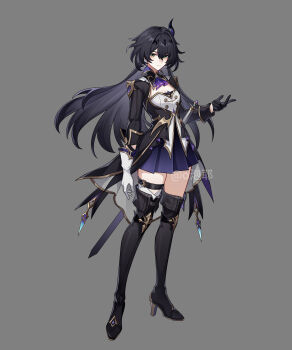 1girl absurdres artist_name black_gloves black_hair boots breasts chinese_commentary cleavage closed_mouth commentary_request full_body gloves grey_background hair_between_eyes hair_ornament high_heels highres long_hair long_sleeves looking_at_viewer opaoye original simple_background skirt solo sword tachi-e thigh_boots thighhighs watermark weapon