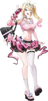 Rule 34 | 1girl, ;d, antenna hair, artist request, asymmetrical legwear, belt, black bag, black choker, blonde hair, boots, bow, breasts, cellphone, choker, collarbone, crop top, earclip, eyewear on head, footwear bow, full body, game cg, gradient bow, gradient hair, green eyes, hair ornament, hairband, hairclip, heart, highres, holding, holding phone, jewelry, large breasts, layered skirt, lollipop in mouth, long sleeves, looking at viewer, microskirt, multicolored hair, navel, non-web source, one eye closed, open mouth, parallel hairclips, phone, pink boots, pink hair, pink hairband, pink skirt, pink top, poker fate, red nails, ring, saotome kokoro, see-through clothes, see-through skirt, side ponytail, single bare shoulder, single thighhigh, skirt, smile, socks, solo, stomach, sunglasses, thigh belt, thigh strap, thighhighs, thighs, transparent background, white socks