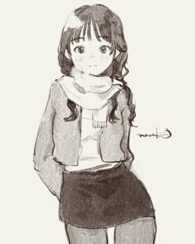Rule 34 | 1girl, arms at sides, breath, choppy bangs, closed mouth, cowboy shot, greyscale, highres, jacket, long hair, looking at viewer, miniskirt, monochrome, nena labo, open clothes, open jacket, original, pencil skirt, scarf, signature, simple background, skirt, solo, standing