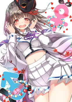 Rule 34 | 1girl, :d, absurdres, bead necklace, beads, blunt bangs, blush, braid, breasts, brown hair, collared shirt, commentary request, cowboy shot, crown braid, dutch angle, eyelashes, female pervert, floating hair, fox mask, furrowed brow, hands up, heart, heaven burns red, highres, jewelry, kiryuu miya, long hair, long sleeves, looking at viewer, magatama, making-of available, mars symbol, mask, mask on head, medium breasts, midriff, miniskirt, mole, mole under eye, navel, neck ribbon, necklace, open mouth, pervert, pleated skirt, purple ribbon, red eyes, ribbon, shirt, simple background, skirt, smile, solo, thighs, venus symbol, white background, white shirt, white skirt, yoyoyo.