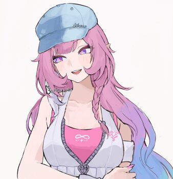 1girl artist_name baseball_cap blue_hair blue_hat breasts bunnyoki commentary crop_top cyrene_(honkai:_star_rail) cyrene_(ripples_of_past_reverie)_(honkai:_star_rail) diamond-shaped_pupils diamond_(shape) english_commentary hat highres honkai:_star_rail honkai_(series) large_breasts long_hair multicolored_hair official_alternate_costume pink_hair pointy_ears purple_eyes simple_background smile solo symbol-shaped_pupils upper_body very_long_hair white_background white_hair