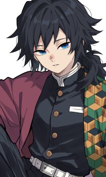 1boy absurdres belt black_hair black_jacket black_pants blue_eyes buttons commentary_request demon_slayer_uniform gold_buttons hair_between_eyes haori high_collar highres jacket japanese_clothes kikkoumon kimetsu_no_yaiba kqi621 long_hair looking_at_viewer low_ponytail male_focus pants parted_lips ponytail print_haori red_haori simple_background sitting solo spiked_hair teeth tomioka_giyuu white_background white_belt