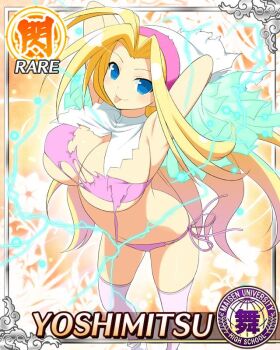1girl :p antenna_hair armpits arms_behind_head arms_up bikini blonde_hair blue_eyes bonnet border breasts card_(medium) character_name cleavage closed_mouth electricity game_cg hair_intakes holding holding_pom_poms large_breasts long_hair looking_at_viewer official_art parted_bangs pink_bikini pink_thighhighs pom_pom_(cheerleading) pom_poms senran_kagura senran_kagura_new_wave skindentation smile solo standing swimsuit thighhighs tongue tongue_out torn_bikini torn_clothes white_bonnet yoshimitsu_(senran_kagura)