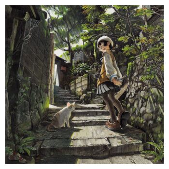 1girl arms_behind_back black_hair black_pantyhose black_skirt braid brown_shoes camera cat fern glasses hat highres nekojarashi_(yuuga) open_mouth original outdoors own_hands_together pantyhose pleated_skirt shoe_soles shoes skirt solo stairs stone_stairs tree twin_braids white_hat