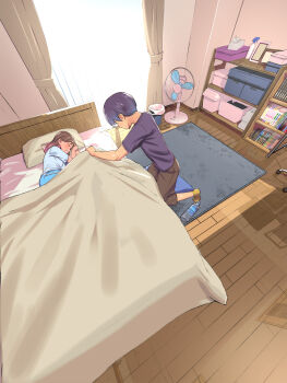 1boy 1girl bed bedroom blue_shirt blue_shorts blush bottle brown_eyes brown_hair colored_tips commentary_request electric_fan highres ishii_(isuwie) lying medium_hair multicolored_hair on_bed on_side original purple_hair purple_shirt shirt short_hair shorts speech_bubble translation_request water_bottle