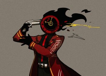 1other aislan belt black_gloves black_pants black_shirt clock coat collared_shirt cowboy_shot dante_(limbus_company) flaming_head gloves grey_background gun_to_head lapels limbus_company object_head open_clothes open_coat pants project_moon red_coat shirt solo suicide white_belt