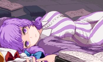 1girl blue_bow book bow breasts closed_mouth commentary dress expressionless hair_bow hat hat_bow large_breasts looking_at_viewer lying mob_cap nukekip on_back open_book paper patchouli_knowledge pixel_art purple_eyes purple_hair red_bow solo striped_clothes striped_dress touhou unworn_headwear vertical-striped_clothes vertical-striped_dress