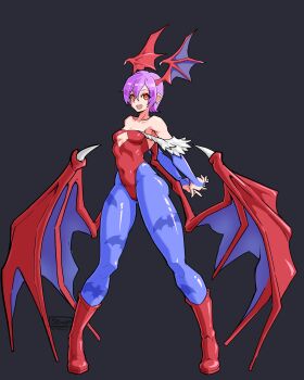1girl absurdres animal_print bare_shoulders bat_print blue_pantyhose boots breasts chief_(skiwa) darkstalkers demon_girl demon_wings full_body grey_background head_wings high_heel_boots high_heels highres leotard lilith_(darkstalkers) pantyhose print_pantyhose purple_hair red_boots red_eyes red_leotard short_hair simple_background small_breasts solo wings