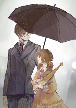 1boy 1girl alulu_(pixiv_14769822) baby_animal bird bird_hair_ornament black-framed_eyewear black_jacket black_pants black_suit black_umbrella blazer brooch brown_eyes brown_hair business_suit buttons center_frills chick chinese_commentary closed_mouth closed_umbrella collared_dress collared_jacket collared_shirt commentary_request double-breasted dress dress_pants formal_clothes frilled_dress frills gifty's_adventure_(miracle_nikki) gifty_(nikki) glasses grey_background grey_eyes hair_ornament hair_ribbon height_difference highres holding holding_umbrella jacket jewelry lapels layered_sleeves light_particles long_hair long_sleeves low_twintails miracle_nikki neck_ribbon necktie nikki_(series) notched_lapels open_mouth orange_ribbon orlando_(miracle_nikki) pants parted_bangs partial_commentary pinstripe_pants pinstripe_pattern pinstripe_suit pointy_nose puffy_long_sleeves puffy_sleeves purple_necktie rain ribbon shared_umbrella shirt short_hair short_twintails smile striped_clothes striped_jacket striped_umbrella suit twintails umbrella walking wet white_shirt yellow_dress yellow_umbrella