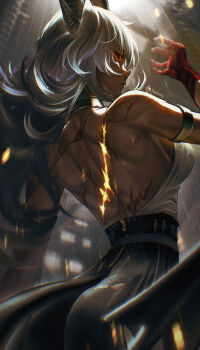 1girl absurdres armlet artist_name ass back backless_shirt bare_back black_horns black_pants black_tail breasts closed_mouth commentary cowboy_shot curled_horns demon_tail eye_trail from_behind hand_up high-waist_pants highres horns jewelry kenn_artz large_breasts light_trail long_hair looking_at_viewer outdoors pants rain red_eyes scar scar_on_back shirt solo tacet_mark_(wuthering_waves) tail tight_clothes tight_pants toned toned_female white_hair white_shirt wuthering_waves zani_(wuthering_waves)