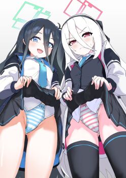 2girls absurdly_long_hair absurdres aqua_halo aris_(blue_archive) black_hair black_hairband black_skirt black_thighhighs blue_archive blue_eyes blue_halo blue_necktie blush bow bow_panties cameltoe closed_mouth clothes_lift collared_shirt double-parted_bangs from_below gluteal_fold hair_between_eyes hair_ribbon hairband halo highres jacket kei_(blue_archive) kei_(new_body)_(blue_archive) lifting_own_clothes long_hair long_hair_between_eyes long_sleeves looking_at_viewer multicolored_jacket multiple_girls murumuru_(mr_mr_pr_pr) necktie open_mouth panties pantyshot pink_halo pleated_skirt rectangular_halo red_eyes ribbon ringed_eyes shirt skirt skirt_lift smile standing striped_clothes striped_panties thighhighs two-tone_jacket underwear upskirt very_long_hair white_hair white_jacket white_shirt