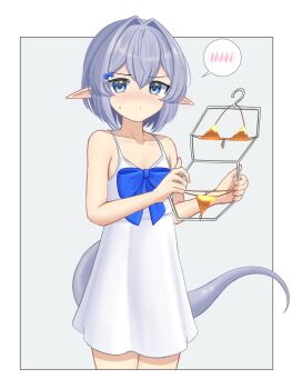1boy bare_arms bare_shoulders basher bikini blue_bow blue_eyes blush border boros_(ouro_kronii) bow chest_bow closed_mouth clothes_hanger collarbone commentary cowboy_shot crossdressing crossdressing_(mtf) dress english_commentary frown gold_bikini grey_background grey_hair hair_bow hair_intakes highres holding holding_clothes_hanger hololive hololive_english looking_at_viewer male_focus outside_border personification pointy_ears short_hair simple_background snake_boy snake_tail solo spaghetti_strap spoken_blush string_bikini sundress sweatdrop swimsuit tail trap unworn_bikini virtual_youtuber white_border white_dress