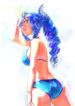 Rule 34 | 1girl, arm up, ass, bat hair ornament, bead bracelet, beads, bikini, blue bikini, blue eyes, blue hair, bracelet, cowboy shot, drill hair, drill ponytail, drill sidelocks, hair ornament, halterneck, hand on own head, jewelry, long hair, looking at viewer, mole, mole under eye, non-web source, official art, photoshop (medium), sidelocks, solo, swimsuit, umi monogatari, warin