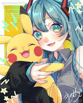 1girl 1other absurdres aqua_eyes aqua_hair aqua_nails aqua_necktie aqua_trim blush closed_eyes collarbone collared_shirt gen_1_pokemon grey_shirt hair_between_eyes hair_ornament hatsune_miku highres hug long_hair looking_at_viewer mai_mugi necktie nintendo open_mouth pikachu pokemon pokemon_(creature) shirt sleeveless sleeveless_shirt smile twintails very_long_hair vocaloid