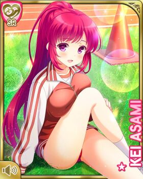 Rule 34 | 1girl, :d, asami kei, buruma, card (medium), character name, day, girlfriend (kari), headband, jacket, looking at viewer, official art, open mouth, outdoors, pink eyes, pink hair, ponytail, qp:flapper, red buruma, red jacket, shirt, sitting, smile, solo, tagme, track jacket, white headband, white shirt