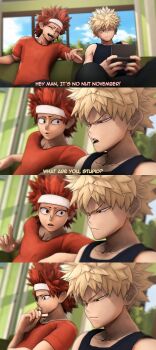 2boys 3d 4koma absurdres bakugou_katsuki bare_shoulders black_tank_top blonde_hair boku_no_hero_academia collarbone comic couch english_text greatm8 handheld_game_console headband highres kirishima_eijirou male_focus matching_hair/eyes multiple_boys nintendo_3ds red_eyes red_hair red_shirt sharp_teeth shirt short_sleeves sitting sleeveless smile spiked_hair tank_top teeth white_headband window