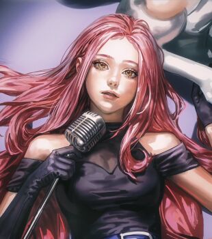 2girls alien_stage asymmetrical_gloves black_dress black_gloves clothing_cutout commentary dress english_commentary gloves holding holding_microphone long_hair microphone mizi_(alien_stage) multiple_girls parted_lips pink_hair png_stalin short_sleeves shoulder_cutout solo_focus sua_(alien_stage) uneven_gloves vintage_microphone yellow_eyes