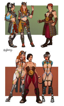 3girls aloy_(horizon) armbinder armored_boots arms_behind_back ball_gag bdsm before_and_after black_hair bondage boots bound bound_arms braid breasts chastity_belt collar female_focus femdom gag gagged high_ponytail holding holding_leash hoof_shoes horizon_(video_game) leash long_hair multiple_girls navel nipple_piercing nipple_rings nipples pet_play piercing pony_play ponytail red_eyes red_hair simple_background slave standing steel-toe_boots thigh_strap yuri