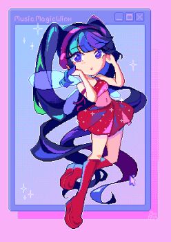 1girl absurdly_long_hair absurdres arm_ribbon bare_arms bare_shoulders blue_hair blue_wings blunt_bangs boots character_name circle_skirt commentary covered_mouth crop_top curious cursor english_commentary fairy fairy_wings floating full_body glitter hands_on_headphones headphones highres knee_boots knees leotard leotard_under_clothes lips long_hair magical_girl mimichair miniskirt musa_(winx_club) outline parted_lips pink_background pink_leotard pink_lips pixel_art platform_boots pleated_skirt purple_eyes purple_ribbon red_boots red_shirt red_skirt ribbon shirt single_strap skirt skirt_set sleeveless sleeveless_shirt solo sparkle transparent_wings twintails very_long_hair wavy_hair white_outline window_(computing) wings winx_club