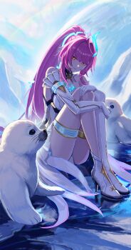 1girl absurdres aemeath_(wuthering_waves) ahoge ahong asymmetrical_footwear bare_shoulders boots breasts closed_mouth commentary_request gloves hair_ornament high_heel_boots high_heels highres knees_to_chest knees_up long_hair looking_at_viewer medium_breasts orange_eyes outdoors ponytail seal_(animal) sitting smile solo star-shaped_pupils star_(symbol) symbol-shaped_pupils taetae_(ottopotae) uneven_footwear white_boots white_gloves white_hair wuthering_waves