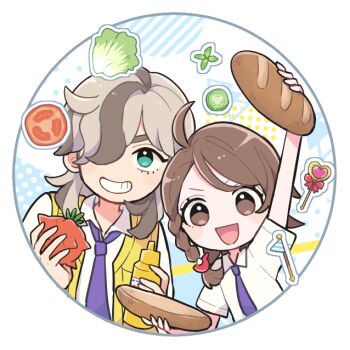 1boy 1girl :d ahoge arm_up arven_(pokemon) braid bread brown_eyes brown_hair collared_shirt commentary_request eyelashes food fruit green_eyes grin hair_over_one_eye hand_up happy holding holding_food holding_fruit juliana_(pokemon) long_hair mustard_bottle necktie nintendo open_clothes open_mouth open_vest pokemon pokemon_sv purple_necktie school_uniform shinogo_no shirt smile teeth tomato tomato_slice vest white_shirt yellow_vest