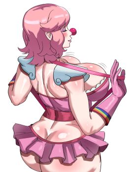 1girl ace_attorney ass blush breasts butt_crack cleavage clothes clown clown_girl dimples_of_venus elbow_gloves closed_eyes female_focus geiru_toneido gloves highres large_breasts looking_back medium_hair open_mouth panties phoenix_wright:_ace_attorney_-_spirit_of_justice pink_hair simple_background skirt solo underwear white_background ytrall