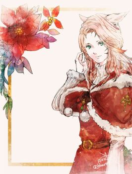 1girl amh_garanjy animal_ears aqua_eyes belt belt_buckle brown_belt buckle capelet cat_ears cat_girl closed_mouth commentary copyright_name dress facial_mark final_fantasy final_fantasy_xiv flower fur-trimmed_capelet fur_trim hand_up long_hair long_sleeves miqo'te multicolored_hair pink_hair pom_pom_(clothes) red_capelet red_dress red_flower red_hair ruka_(blueplus84) santa_costume santa_dress smile solo twitter_username two-tone_hair whisker_markings