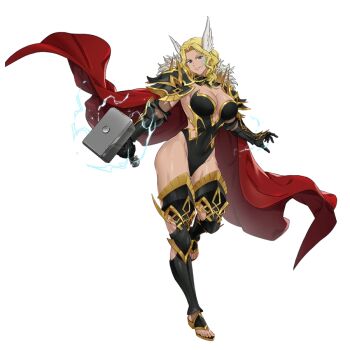 Rule 34 | alternate form, armor, arms at sides, bikini armor, black armor, black leotard, blonde hair, blue eyes, breasts, cape, cleavage, curly hair, curtained hair, electricity, feet, full body, fur-trimmed cape, fur trim, game cg, gloves, gold trim, grin, groin, hammer, head tilt, head wings, holding, holding hammer, large breasts, leg armor, leotard, long hair, looking at viewer, muscular, muscular female, nanatsu no taizai, nanatsu no taizai grand cross, official art, pauldrons, pink lips, shiny skin, shoulder armor, simple background, smile, standing, standing on one leg, tan, thick thighs, thighs, thor (nanatsu no taizai grand cross), toeless legwear, toes, white background, wings