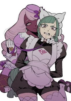 2girls apron bound bound_wrists bow brown_eyes clenched_teeth dark-skinned_female dark_skin dress gloves gradient_eyes green_hair highres jacinthe_(pokemon) kneeling lebanne_(pokemon) looking_at_viewer multicolored_eyes multiple_girls nintendo pokemon pokemon_legends:_z-a restrained sawa_ra_pk tagme teeth thighhighs white_gloves white_thighhighs yuri