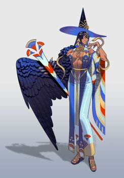 1girl animal blue_dress blue_eyes blue_hair blue_wings breasts commentary dark-skinned_female dark_skin dress edarow egyptian_mythology feathered_wings full_body gradient_background grey_background hat isis_(mythology) long_hair looking_to_the_side medium_breasts simple_background single_wing snake solo standing winged_arms wings