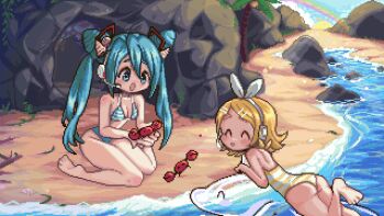 2girls ^_^ animal animated animated_gif aqua_eyes aqua_hair barefoot beach bikini blonde_hair blush blush_stickers bow cave christy_frisby closed_eyes cone_hair_bun crab feet hair_bow hair_bun hair_ornament hairclip hatsune_miku headset holding holding_animal inflatable_dolphin inflatable_toy kagamine_rin kneeling leg_up long_hair lying multiple_girls music musical_note on_stomach one-piece_swimsuit palm_tree pixel_art plant rainbow rock seashell shell shell_hair_ornament short_hair singing soles sparkling_eyes striped_bikini striped_clothes striped_one-piece_swimsuit swimsuit toes tree twig twintails vines vocaloid water