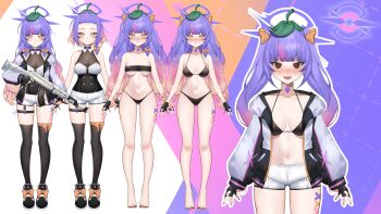 1girl :3 @_@ absurdres assault_rifle bikini black_bikini black_nails black_thighhighs blunt_bangs body_markings bra braid breasts cleavage fingerless_gloves gloves gradient_hair gun halo highres indie_virtual_youtuber jacket kyoushim leaf leaf_on_head medium_breasts mesugaki multicolored_hair navel official_art open_mouth pink_hair purple_hair purple_halo rifle sachiihappy shorts single_braid smug strapless strapless_bra streaked_hair sweat swimsuit thighhighs thighs twintails underboob underwear virtual_youtuber weapon white_jacket x_(symbol) yellow_eyes
