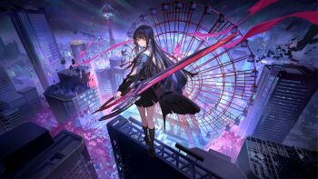 1girl absurdres artist_request black_choker black_hair black_jacket black_serafuku black_shirt black_skirt chisa_(wuthering_waves) choker cityscape commentary_request ferris_wheel hair_ribbon high_up highres holding holding_sword holding_weapon jacket long_sleeves neckerchief night official_art red_eyes red_neckerchief red_ribbon ribbon sailor_collar school_uniform serafuku shirt skirt solo sword thighs weapon white_sailor_collar wind wuthering_waves
