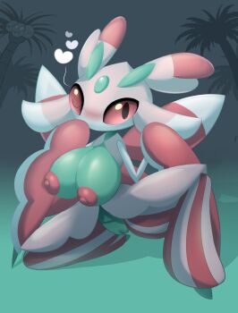 Rule 34 | 1girl, alolan exeggutor, alolan form, antennae, arthropod girl, black eyes, blush, breasts, colored sclera, female focus, full body, gen 7 pokemon, gradient background, green background, grey background, heart, highres, kneeling, large breasts, lurantis, metachoke, nintendo, nipples, no humans, one eye closed, palm tree, pinstripe pattern, pokemon, pokemon (creature), pussy, red sclera, solo, spoken heart, spread legs, striped, tree, wink