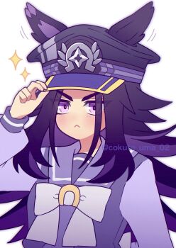 1girl animal_ears black_hair blush bow bowtie closed_mouth commentary_request ears_through_headwear fenomeno_(umamusume) flipped_hair hat highres horse_ears horse_girl horseshoe_hat_ornament horseshoe_ornament long_hair long_sleeves looking_at_viewer multicolored_hair peaked_cap purple_eyes purple_hair purple_sailor_collar purple_serafuku purple_shirt sailor_collar sailor_shirt school_uniform serafuku shirt solo sparkle tracen_school_uniform umamusume w3n6e white_bow white_bowtie