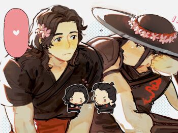 2boys black_hair black_hanfu blush brown_eyes chibi chibi_inset chinese_clothes enopth1102 flower flying_sweatdrops hair_flower hair_ornament hanfu hat hat_flower head_rest heart highres kung_lao liu_kang male_focus medium_hair mortal_kombat_(series) multiple_boys red_sash sash short_sleeves sleeveless smile spoken_heart waist_sash white_background yaoi