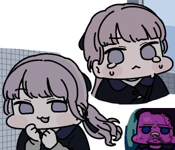 1boy 1girl :3 bandaid bandaid_on_face bandaid_on_nose black_coat black_hair black_ribbon blade_runner_(series) blade_runner_2049 bleeding blood blue_eyes blunt_bangs blush coat colored_skin commentary crying crying_with_eyes_open english_commentary facial_hair goatee_stubble goslingposting_(meme) grey_eyes grey_hair hair_ribbon hashtag-only_commentary jazz_jack k_(blade_runner_2049) lapwing_(vrchat) long_hair looking_to_the_side meme open_mouth ponytail purple_skin ribbon solo solo_focus stubble tears tile_wall tiles vrchat you_look_lonely_(meme)