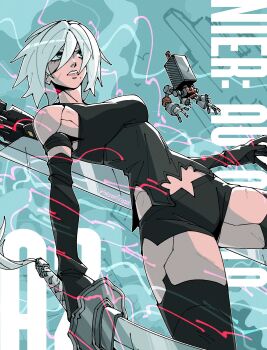 Rule 34 | 1girl, a2 (nier:automata), abstract background, android, armlet, armpit peek, bare shoulders, black armlet, black gloves, black panties, black tank top, black thighhighs, blue background, blue eyes, breasts, building, carrying, character name, copyright name, cowboy shot, elbow gloves, english text, frown, gloves, hair between eyes, hair over one eye, highres, holding, holding sword, holding weapon, huge weapon, jewelry, lips, looking ahead, looking to the side, medium breasts, mole, mole under mouth, narrow waist, nier:automata, nier (series), non-humanoid robot, panties, parted lips, piggyback, pink lips, pod (nier:automata), robot, short hair, signature, solo, striped background, sword, tank top, thighhighs, thighs, toned, toned female, trizziefrizzie, twitter username, underwear, weapon, white hair, zettai ryouiki