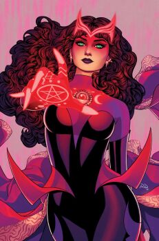 1girl avengers_(series) bodysuit brown_hair commentary cowboy_shot curly_hair earrings english_commentary eye_of_agamotto glowing glowing_markings green_eyes highres jewelry long_hair looking_at_viewer magic makeup marvel mature_female official_alternate_costume official_art pentagram pink_background purple_lips reaching reaching_towards_viewer red_tiara russell_dauterman scarlet_witch skull_earrings solo wanda_maximoff western_comics_(style)