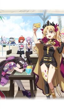 1boy 6+girls ahoge animal_ear_fluff animal_ears anklet arms_on_table artist_collaboration assassin_(fate/zero) asymmetrical_legwear bandage_on_hair black_collar black_dress black_leotard black_pantyhose black_skirt black_sleeves blonde_hair blue_sky blunt_bangs boots bow bowl breasts brown_boots brown_hair cape cat_ears cellphone chair chaldea_uniform cleavage closed_mouth cloud collar collared_dress commentary couch creature creature_on_shoulder crossed_legs cup curtained_hair detached_sleeves dress drinking_straw earrings excalibur_(fate/stay_night) eye_contact fate/grand_carnival fate/grand_order fate_(series) flower_hairband food fou_(fate) fox_ears fox_tail frozen_yogurt fruit garnish gold_anklet gold_earrings grey_jacket hair_bow hair_ornament hair_over_one_eye hair_scrunchie hairband hirose_tomohito holding holding_bowl holding_cup holding_food holding_ice_cream_cone holding_phone holding_spoon holding_staff hood hood_down ice_cream_cone jacket japanese_clothes jewelry large_breasts leaning_on_table lemon lemon_slice leotard letterboxed long_hair looking_at_another looking_at_viewer low_twintails medium_breasts medium_hair miniskirt morita_kazuaki multiple_girls mysterious_neco_x mysterious_neco_z necktie neco_spirit official_art on_shoulder one_eye_closed one_eye_covered one_side_up open_mouth orange_hair osakabehime_(fate) osakabehime_(third_ascension)_(fate) palm_tree pantyhose phone pineapple pineapple_slice pink_hair platform_sandals puffy_short_sleeves puffy_sleeves purple_eyes purple_hood red_bow red_cape red_eyes red_necktie sandals scrunchie selfie sherbet short_dress short_hair short_sleeves single_detached_sleeve sitting skirt skull sky smartphone smile spoon staff strapless strapless_leotard table tail thighhighs third-party_source tree tropical_drink twintails two-sided_cape two-sided_fabric two_side_up uneven_legwear very_long_hair water watermelon white_boots white_hairband white_jacket white_thighhighs wing_collar