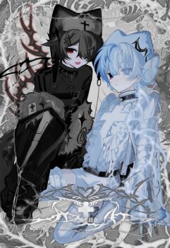 2boys :3 :d @_@ abstract_background animal_hat beanie belt black_belt black_choker black_eyes black_hair black_hat black_jacket black_shirt blue_eyes blue_hair blue_hat blue_shirt blue_shorts border chest_belt choker cross cross_choker cross_hair_ornament earflap_beanie fang frilled_shirt frills fur_trim goth_fashion grey_background hair_ornament hair_over_one_eye hat heterochromia highres inset_border jacket jacket_partially_removed jewelry kneeling long_sleeves looking_at_viewer male_focus multiple_boys necklace nemachi open_mouth original ornate_border pierced_hat red_eyes shirt short_hair shorts skin_fang sleeves_past_fingers sleeves_past_wrists smile spiked_choker spikes thighhighs turtleneck wing_hair_ornament