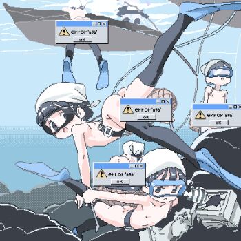 5girls ass black_eyes black_hair black_legwear boat bust_(sculpture) censored crt dithering error_message female_focus fish flat_chest flippers goggles headscarf jaggy_lines lokulo_no_mawashimono loli lowres microsoft_windows multiple_girls nipples novelty_censor nude oekaki open_mouth original pixel_art thighhighs underwater vaporwave watercraft white_headwear