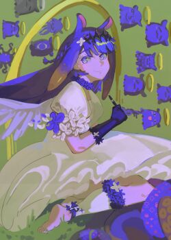 1girl absurdres barefoot black_gloves black_hairband blue_eyes blue_hair closed_mouth commentary_request dated_commentary dress feet gloves gradient_hair hairband halo highres holding holding_pen hololive hololive_english multicolored_hair ninomae_ina'nis orange_hair pen pinepizza takodachi_(ninomae_ina'nis) tentacle_hair tentacles virtual_youtuber white_dress yellow_halo