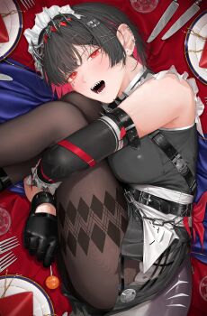 1girl absurdres bare_shoulders black_gloves black_hair blush brown_pantyhose candy clothing_cutout colored_inner_hair commentary_request cup detached_sleeves drinking_glass earrings ellen_joe fins fish_tail food fork frilled_wristband from_side glove_cutout gloves hairband highres holding holding_candy holding_food holding_lollipop jewelry knees_to_chest knife lollipop looking_at_viewer lying maid maid_headdress metal_hairband mole mole_under_eye multicolored_hair on_side on_table open_mouth pantyhose patterned_legwear plate razor_blade_hair_ornament red_background red_eyes red_ribbon ribbon scar scar_on_tail shark_girl shark_tail sharp_teeth short_hair solo spiked_headband table tablecloth tail tarutaru_(ryousuke) teeth utensil zenless_zone_zero
