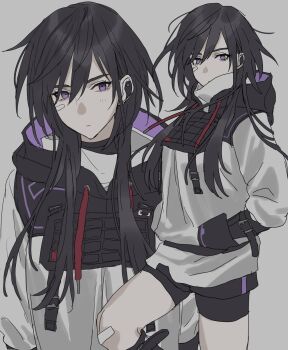 1girl absurdres bandaid bandaid_on_face bandaid_on_knee bandaid_on_leg black_hair black_shorts closed_mouth commentary_request cowboy_shot earpiece expressionless genderswap genderswap_(mtf) grey_background hair_between_eyes hand_in_pocket highres hood hood_down iso_(valorant) jiz_(pffbq) long_hair long_sleeves looking_at_viewer multiple_views purple_eyes shorts simple_background valorant