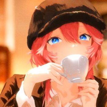 1girl alternate_costume blue_eyes brown_coat brown_hat coat cohi27151463 commentary cup drinking hair_between_eyes hat head_wings holding holding_cup hololive looking_at_viewer pink_hair shirt short_hair solo symbol-only_commentary takane_lui teacup virtual_youtuber white_shirt wings