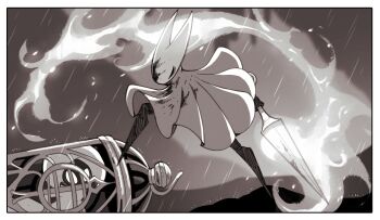 2girls ange_(angeban93) blood blood_on_clothes blood_on_mask cage cloak colored_skin empty_eyes fire flaming_weapon greyscale highres holding holding_weapon hollow_eyes hollow_knight hollow_knight:_silksong horned_mask hornet_(hollow_knight) horns lace_(hollow_knight) looking_at_another mask monochrome multiple_girls needle_(hollow_knight) rain standing trapped weapon