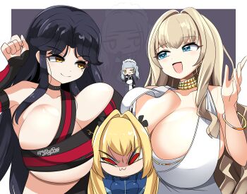 4girls :3 bandeau black_bandeau black_choker black_hair black_sleeves blonde_hair blue_eyes blush breast_envy breasts choker cleavage closed_mouth commentary_request detached_sleeves dolphin_wave dress girl_sandwich hair_intakes hirasaka_yuno huge_breasts kazami_ellen kirahoshi_kanna lets0020 long_hair mole mole_under_eye multiple_girls nagato_mei open_mouth red_eyes sandwiched upper_body wavy_hair white_dress yellow_eyes